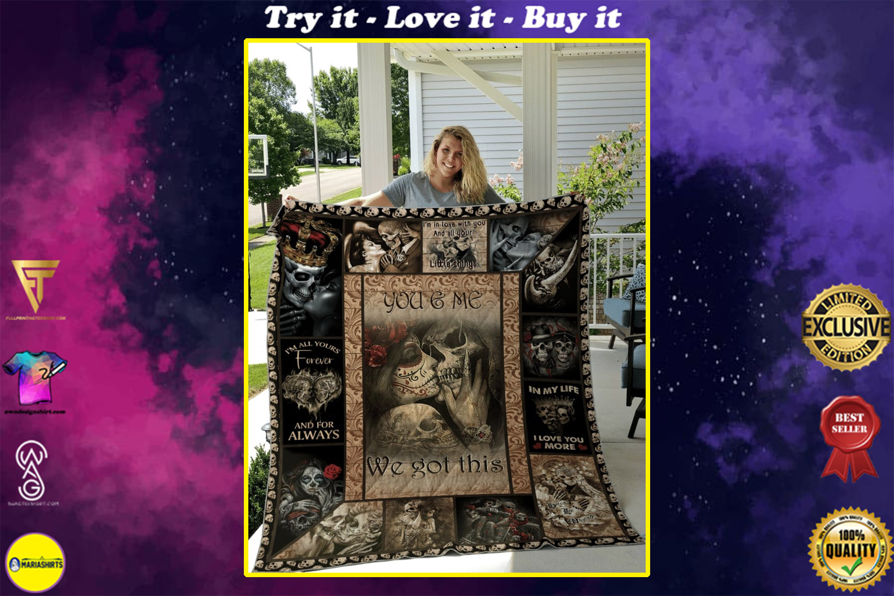 custome name skull couple you and me we got this quilt