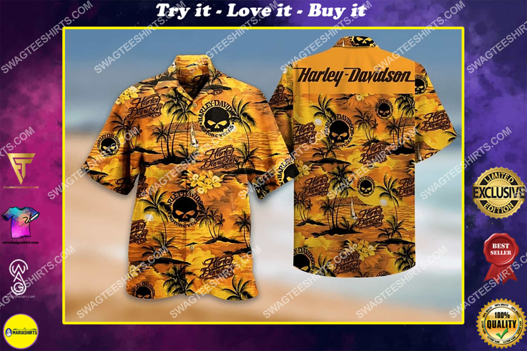 [highest selling] sunset on the beach harley davidson skull all over print hawaiian shirt – maria