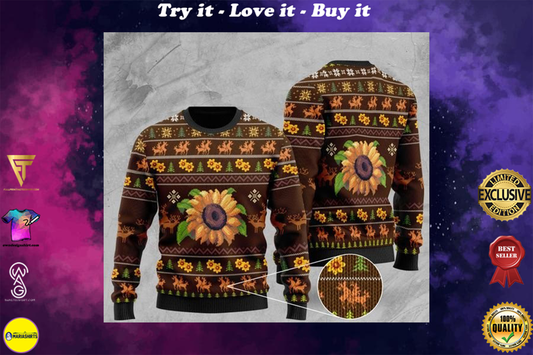 [highest selling] sunflower all over printed christmas ugly sweater - maria
