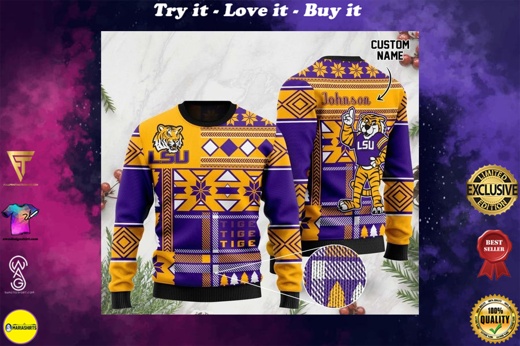 [highest selling] custom name lsu tigers football christmas ugly sweater – maria