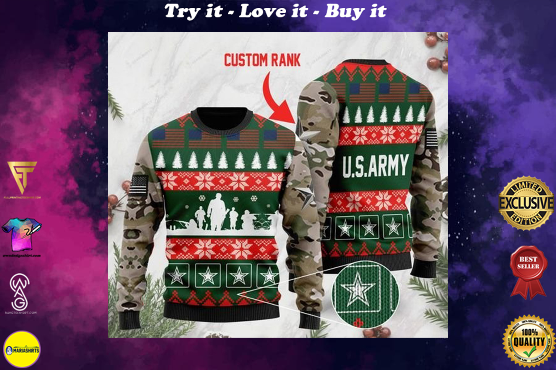 custom rank the united states army full printing ugly sweater