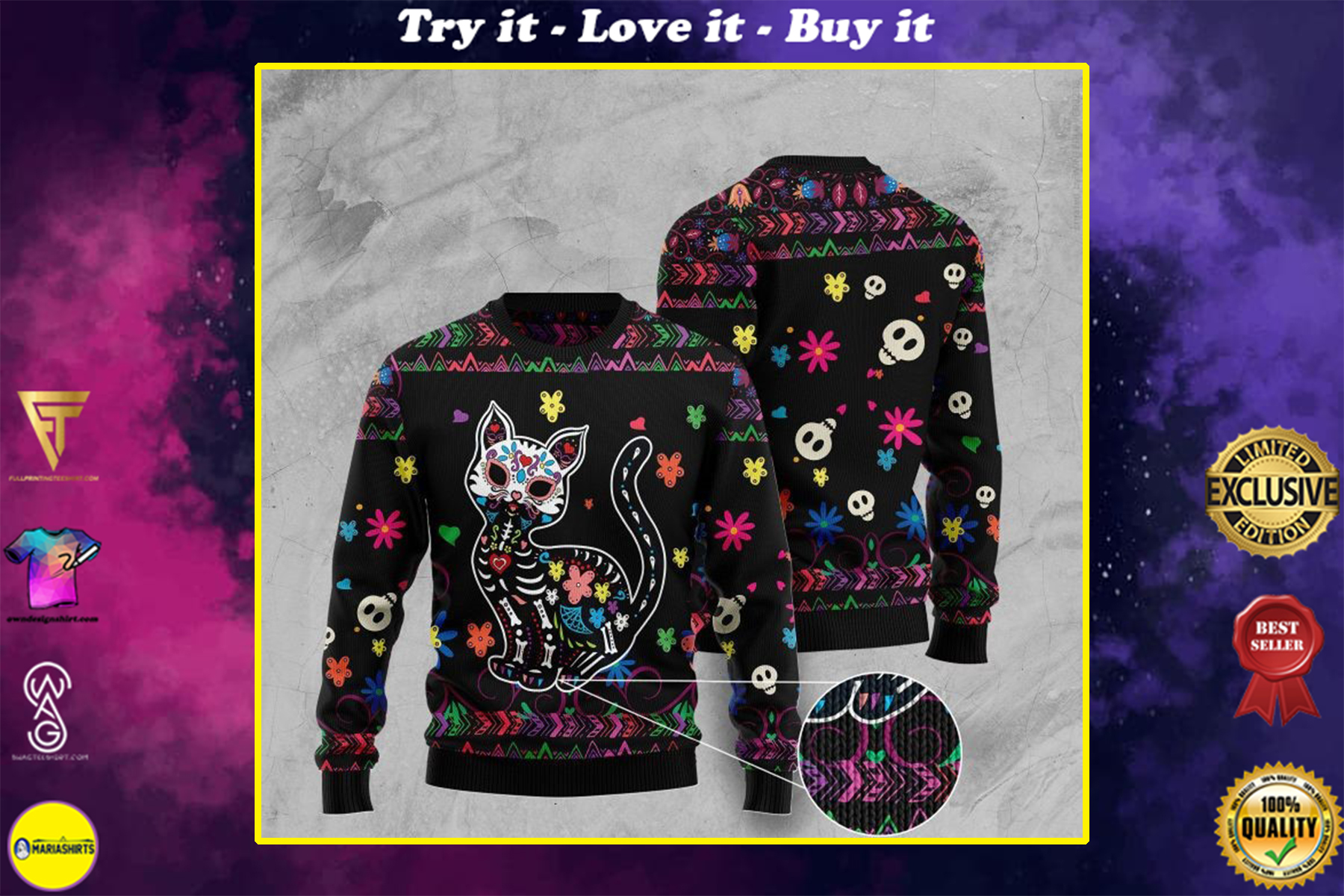 sugar skull cat pattern full printing christmas ugly sweater