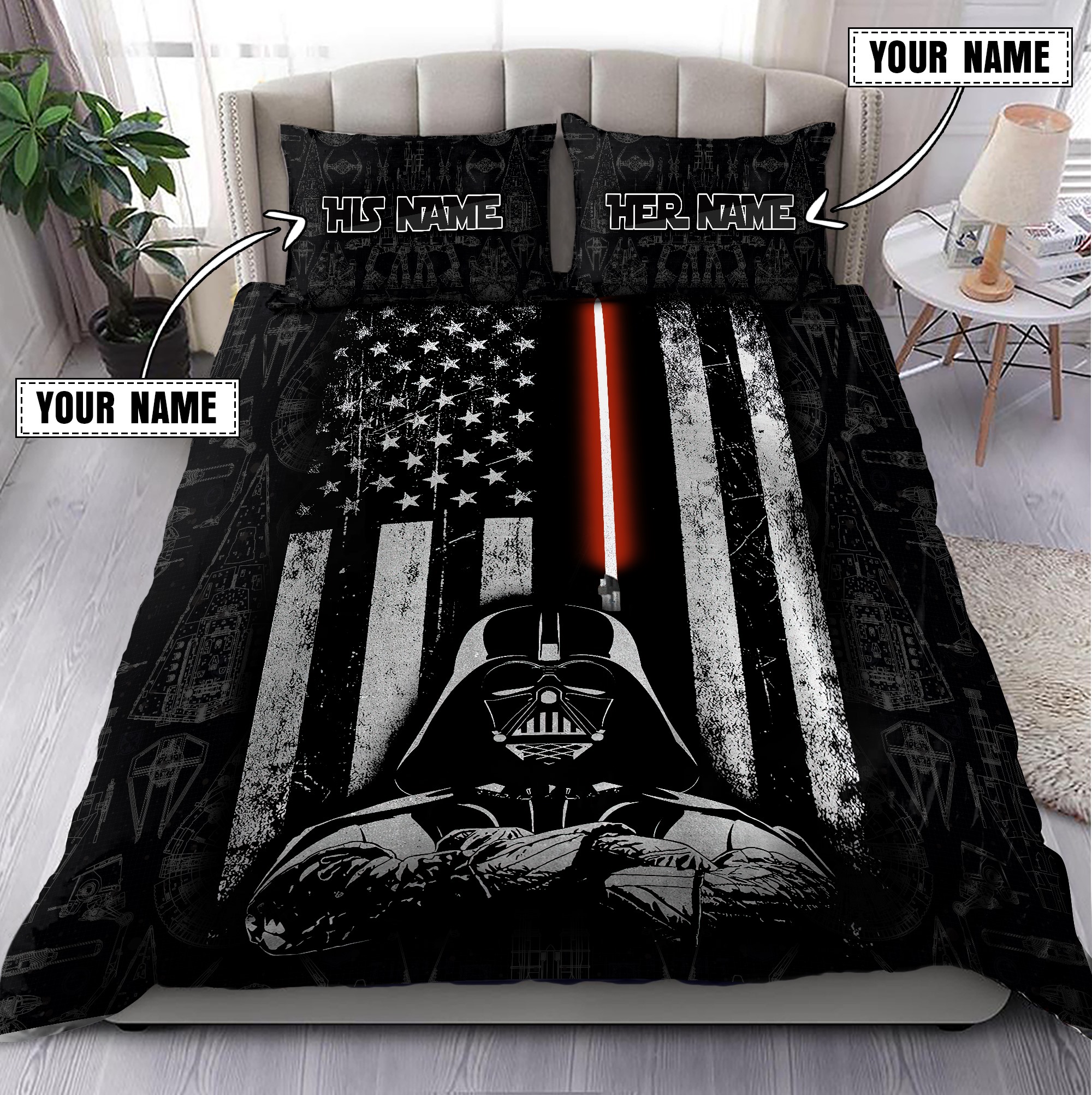 Personalized custom name star wars darth vader america flag bedding set