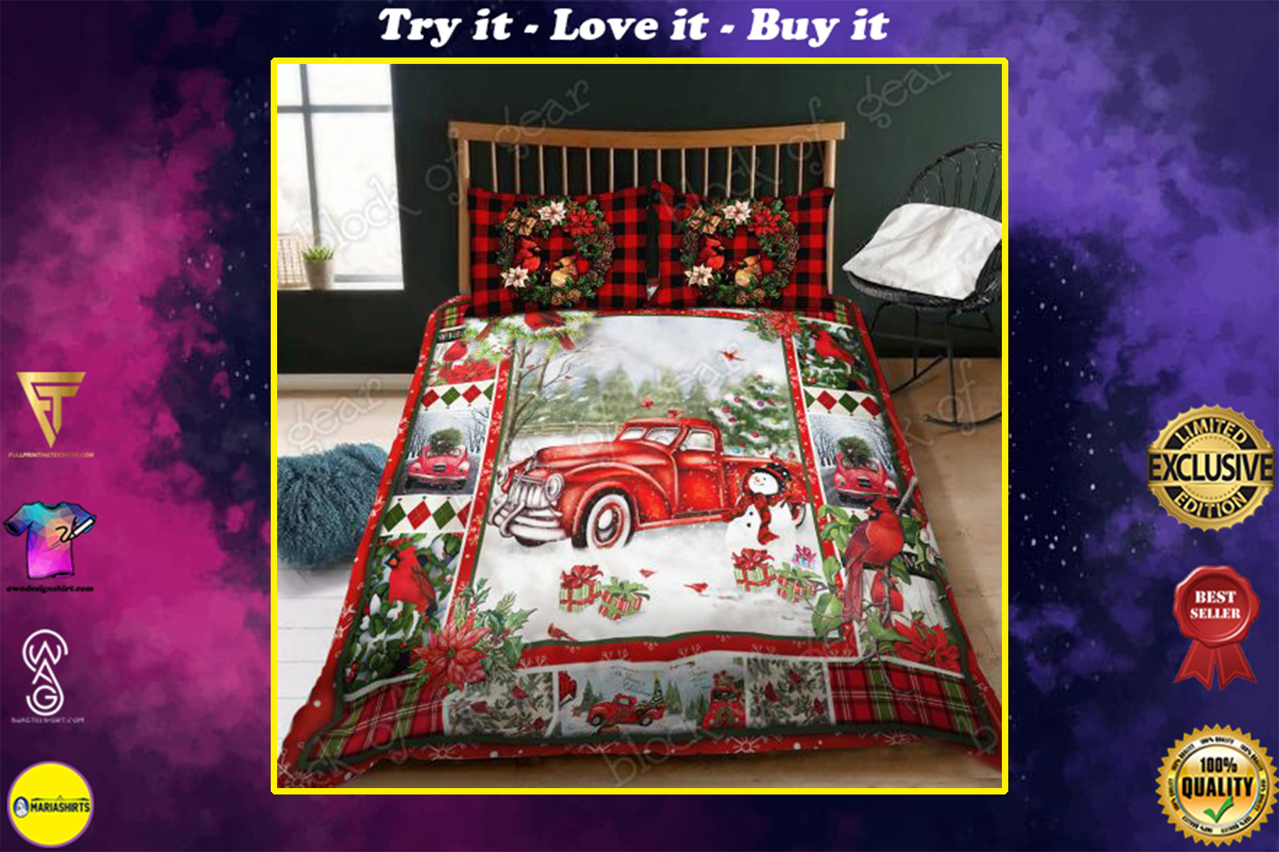 [highest selling] christmas red truck snowy cardinals full printing bedding set - maria