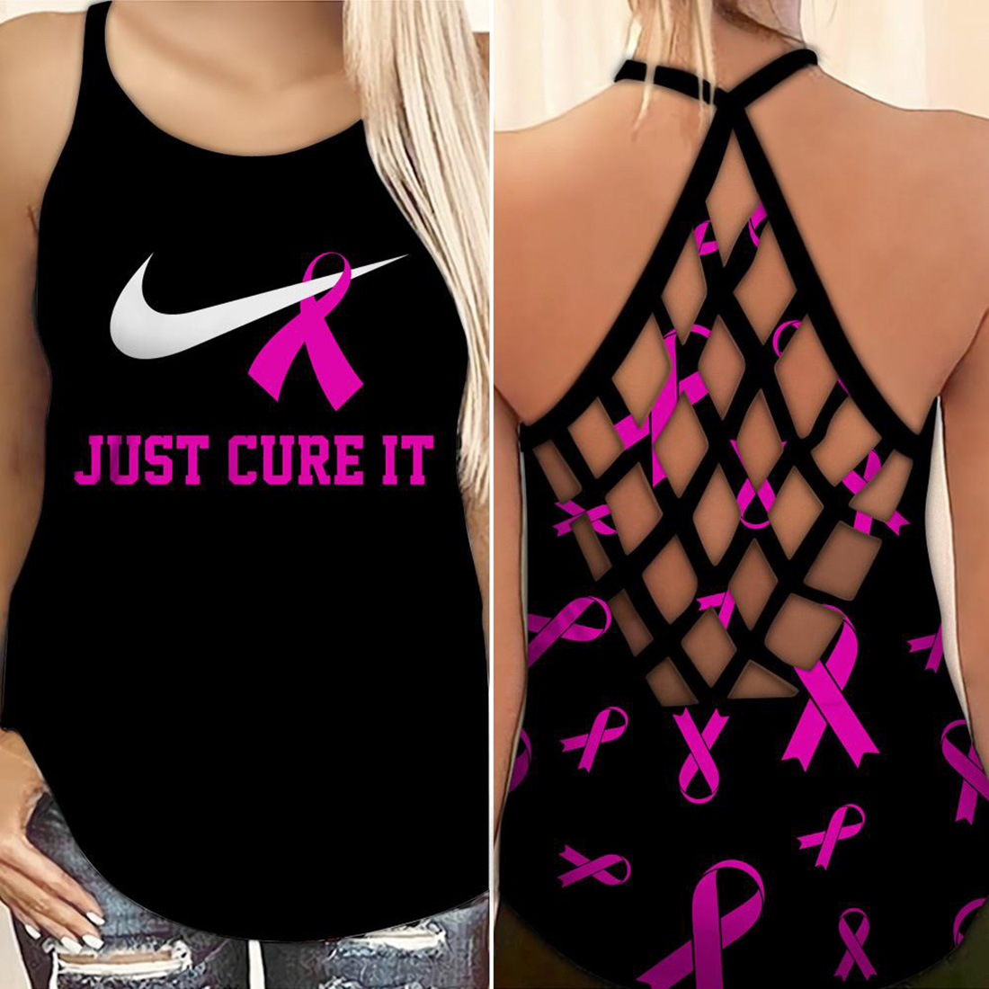 Nike breast cancer awareness Just cure it criss-cross open back camisole tank top