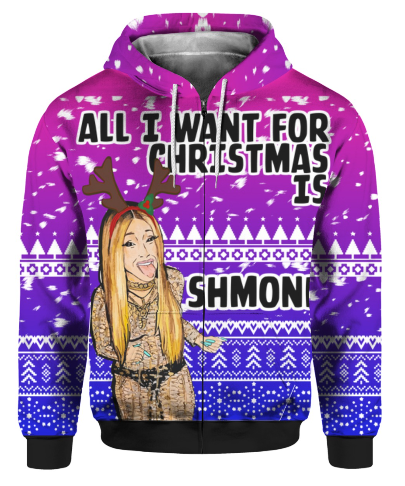 Cardi B all i want for Christmas is Shmoney 3D ugly zip hoodie