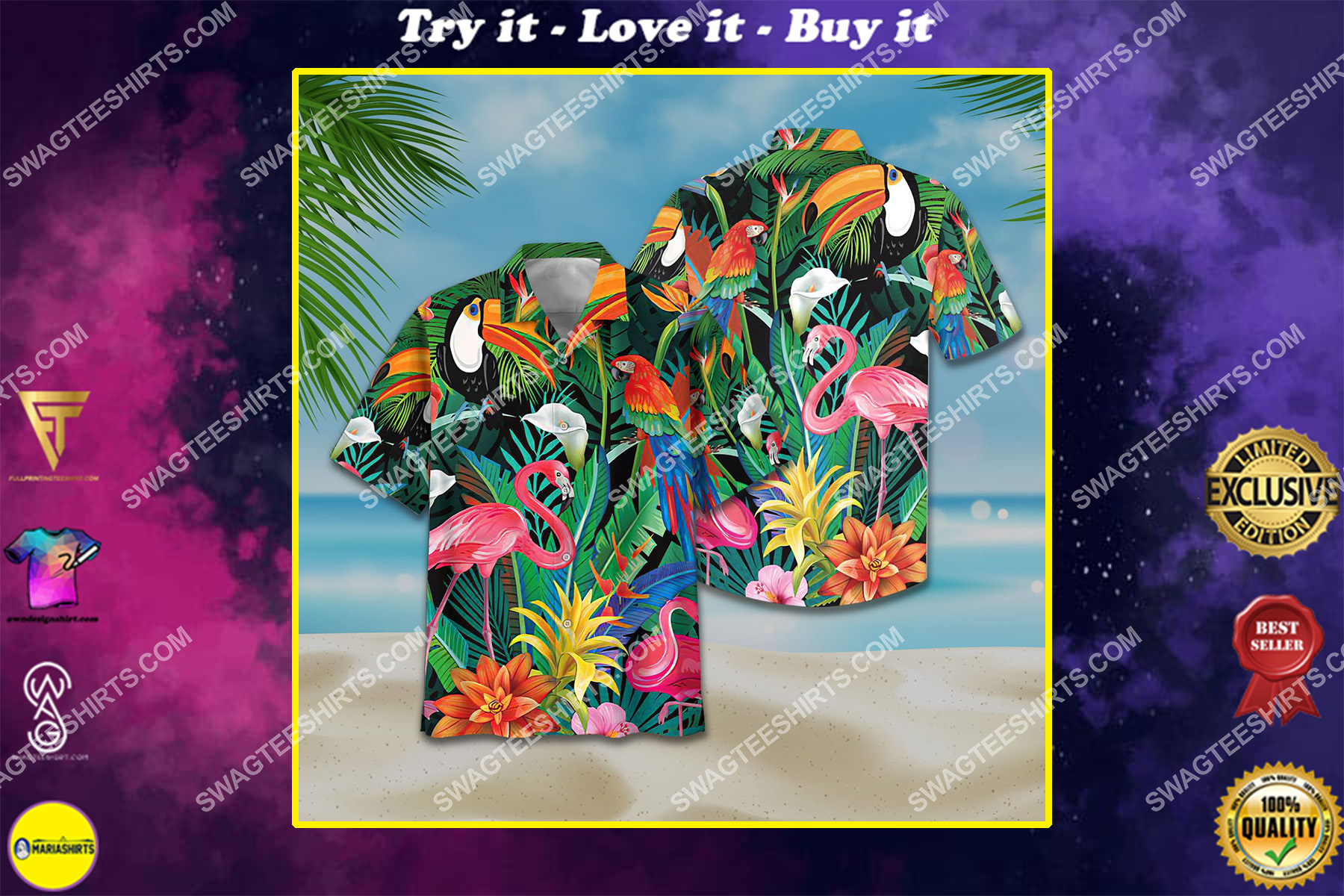 [highest selling] tropical parrot and flamingo all over print hawaiian shirt – maria
