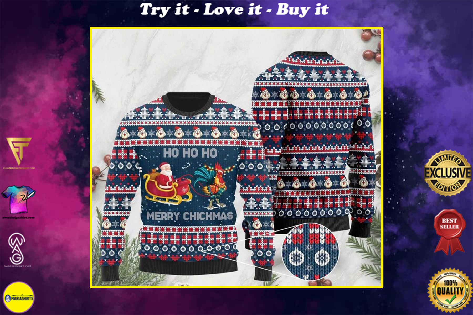 rooster and santa claus ho ho ho pattern christmas ugly sweater