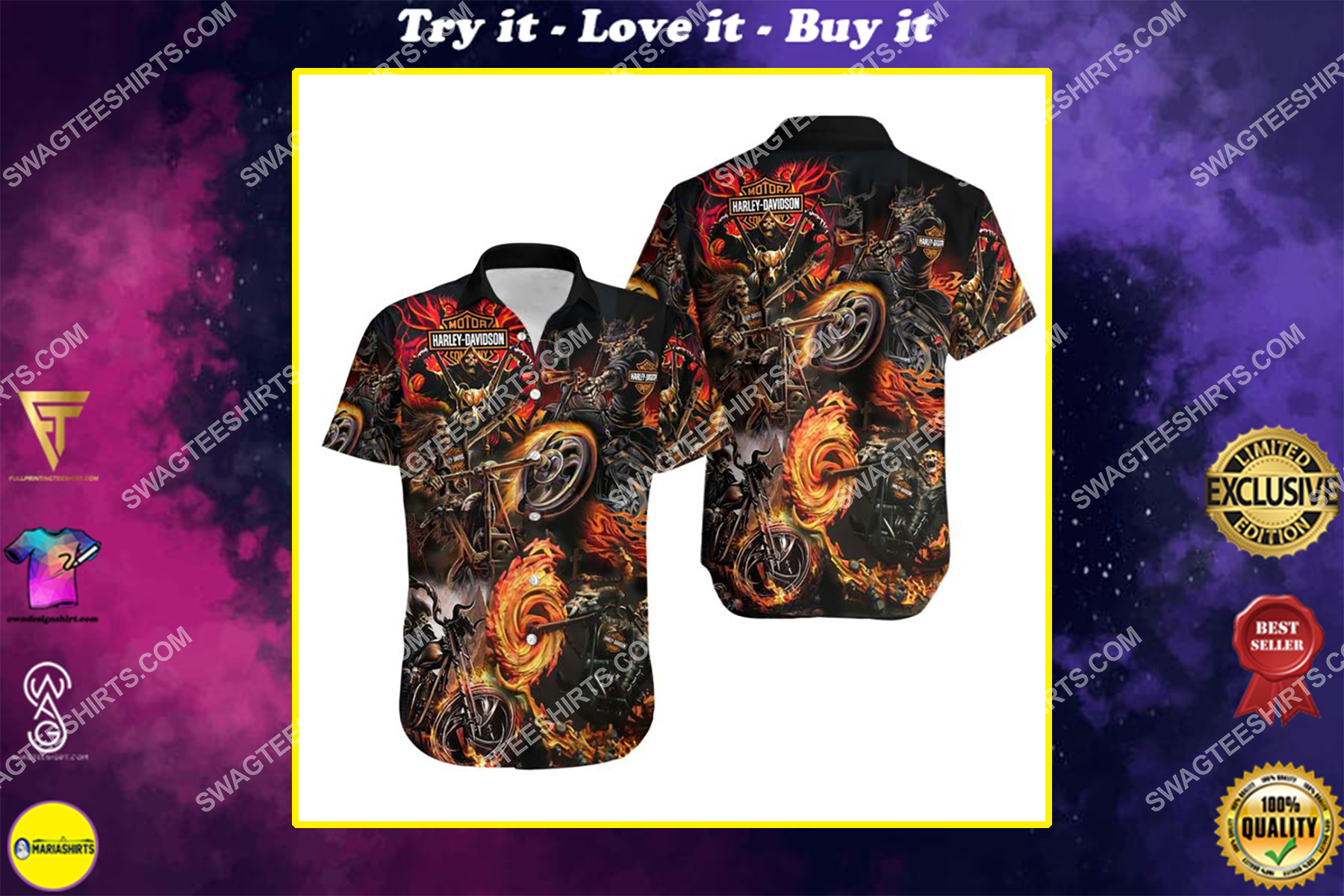 [highest selling] harley davidson motorcycles and skull fire all over print hawaiian shirt – maria