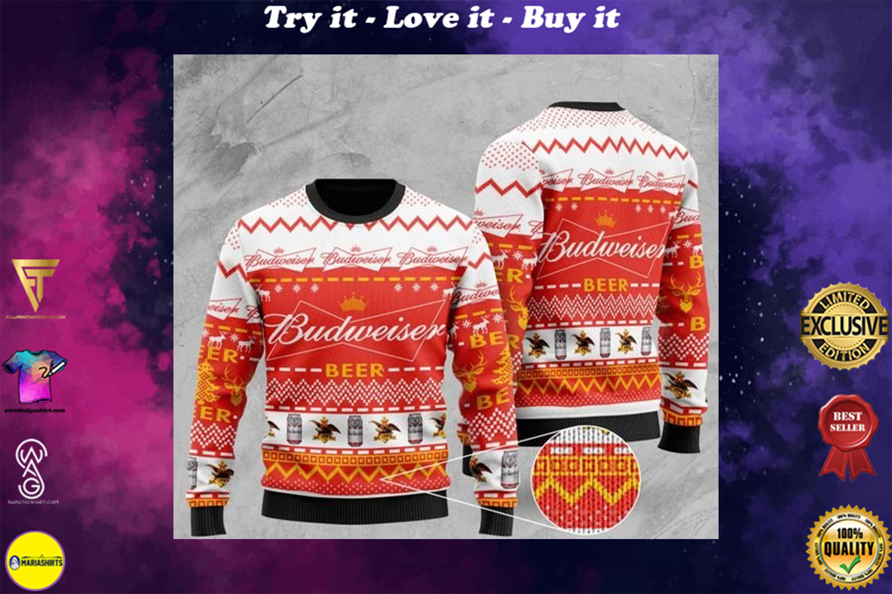 [highest selling] budweiser beer all over printed christmas ugly sweater – maria