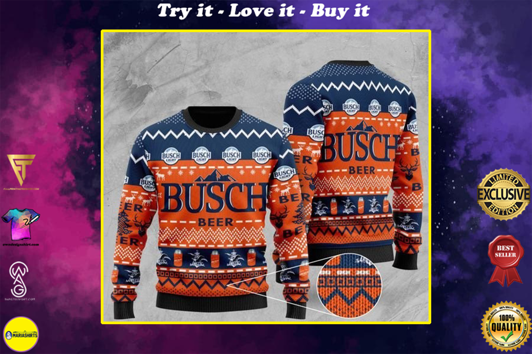 busch light beer pattern full printing christmas ugly sweater