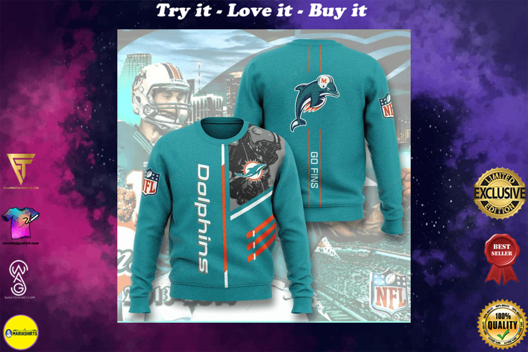 national football league miami dolphins go fins full printing ugly sweater