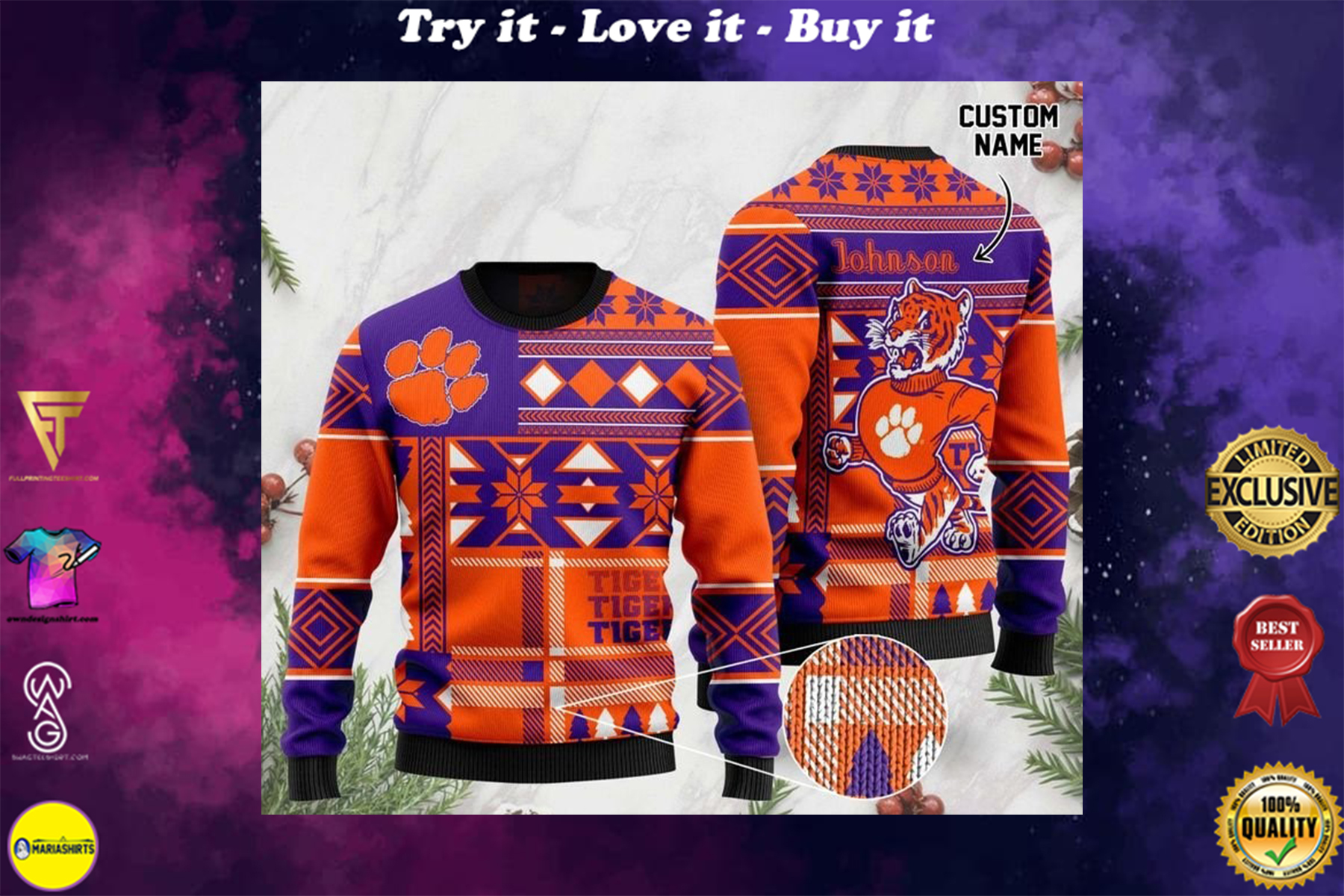 custome name clemson tigers football christmas ugly sweater