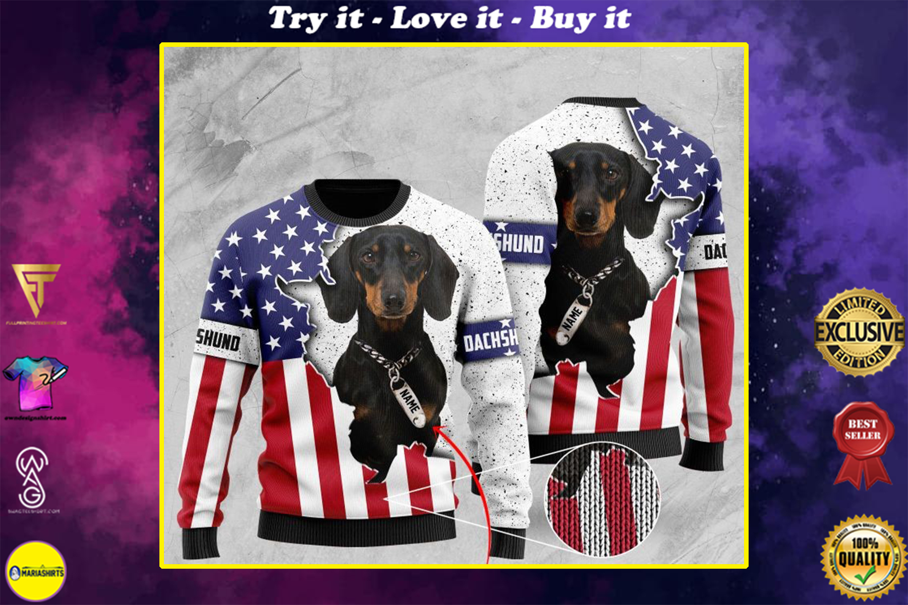 [highest selling] custom name american flag dachshund pattern full printing ugly sweater – maria