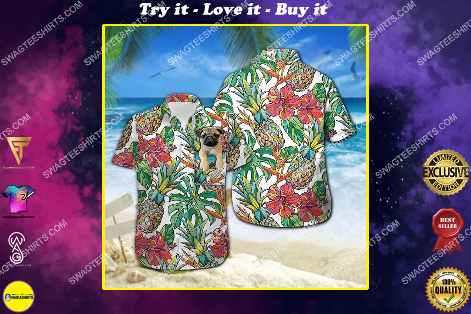 [highest selling] tropical floral pug dog lover all over print hawaiian shirt – maria