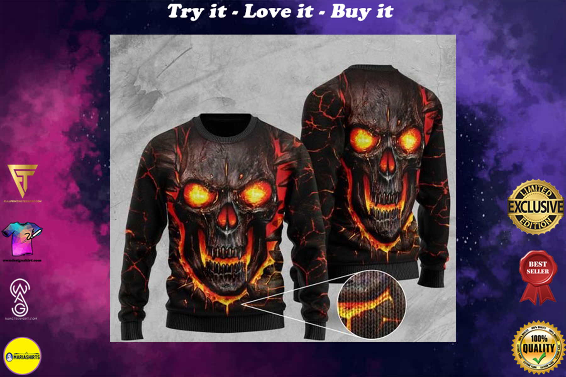 skull lava fire all over printed christmas ugly sweater