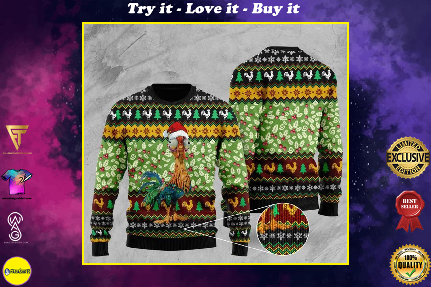 rooster with christmas light pattern full printing ugly sweater
