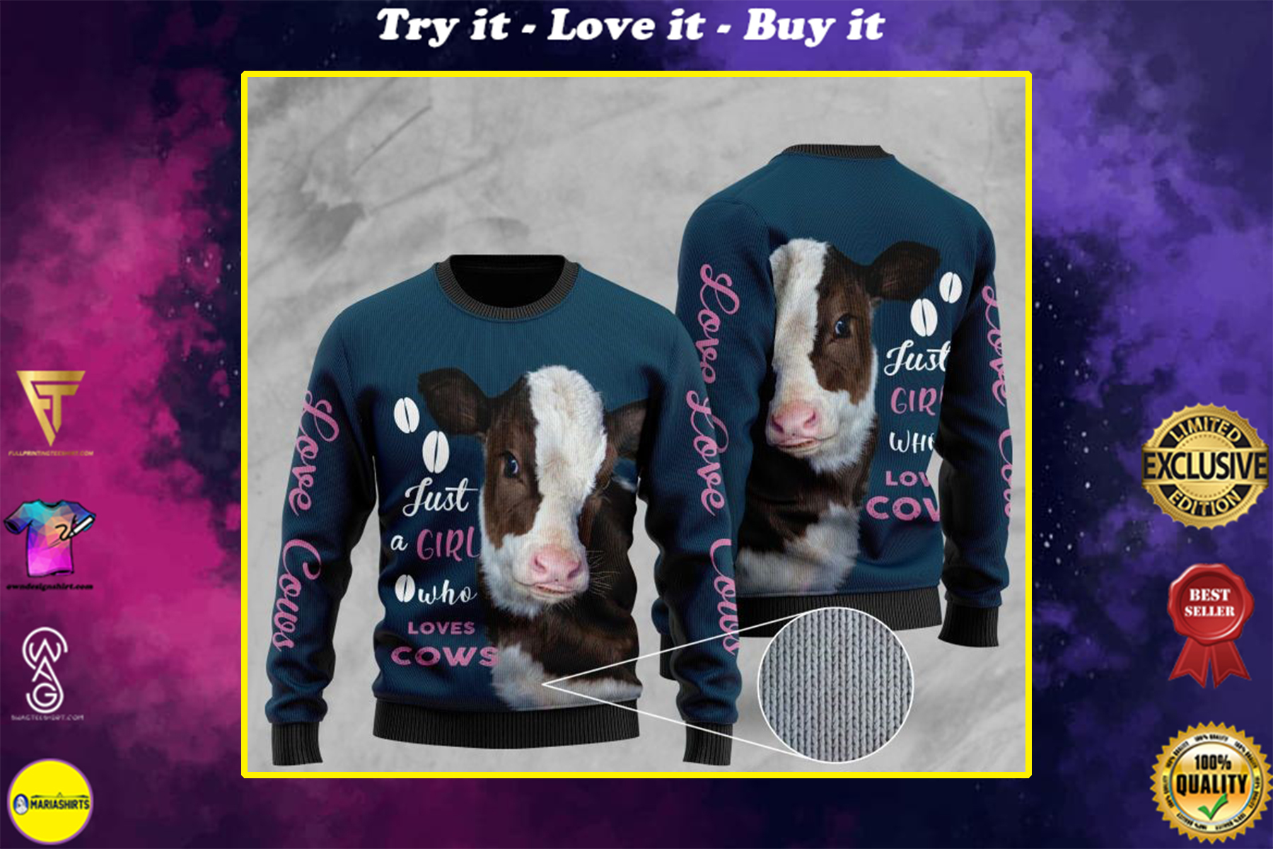heifer just a girl who loves cows full printing christmas ugly sweater