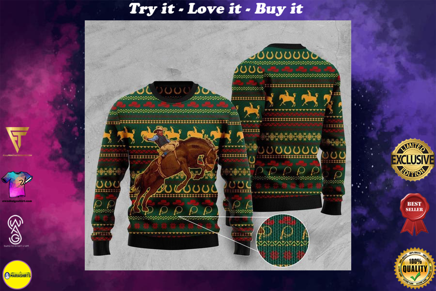 [highest selling] cowboy christmas full printing ugly sweater - maria