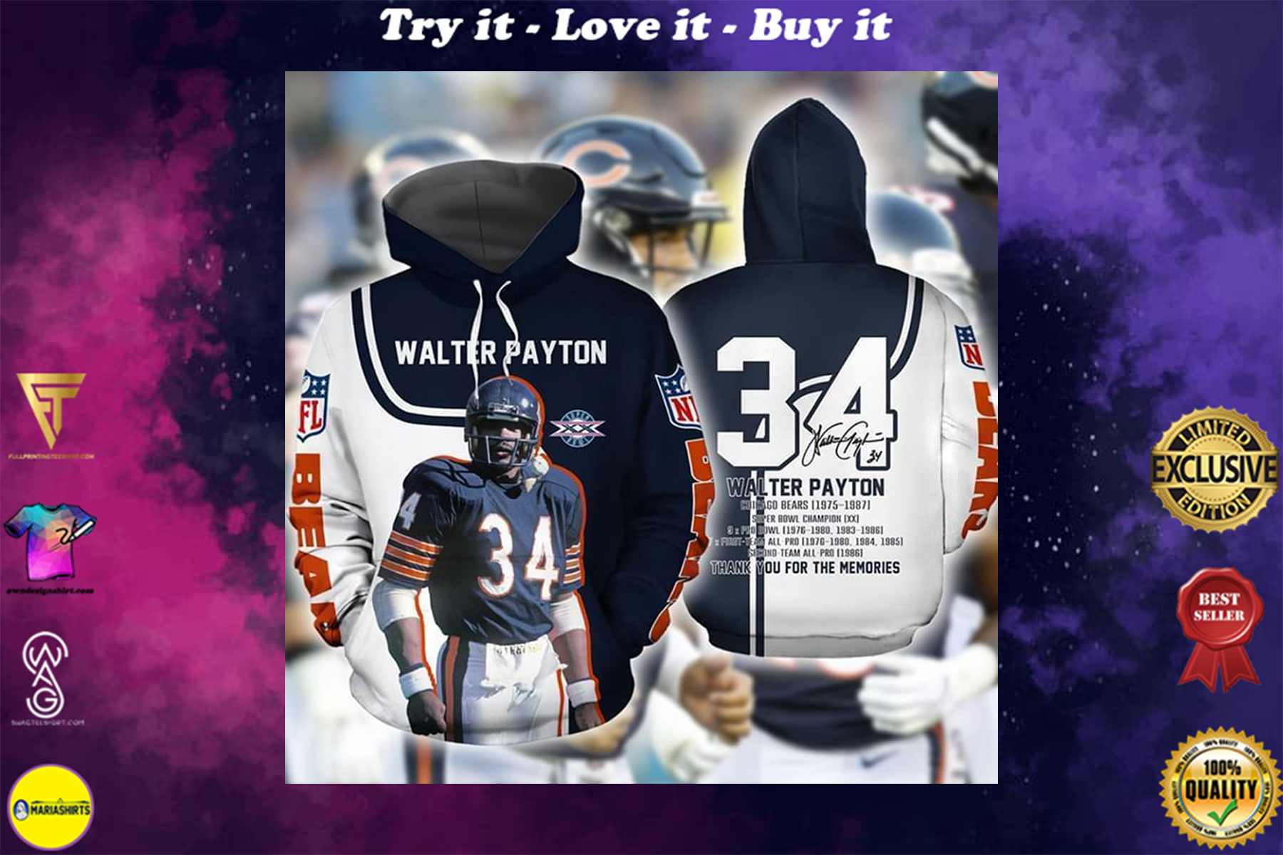 [highest selling] chicago bears walter payton signature thank you for memories full over printed shirt – maria
