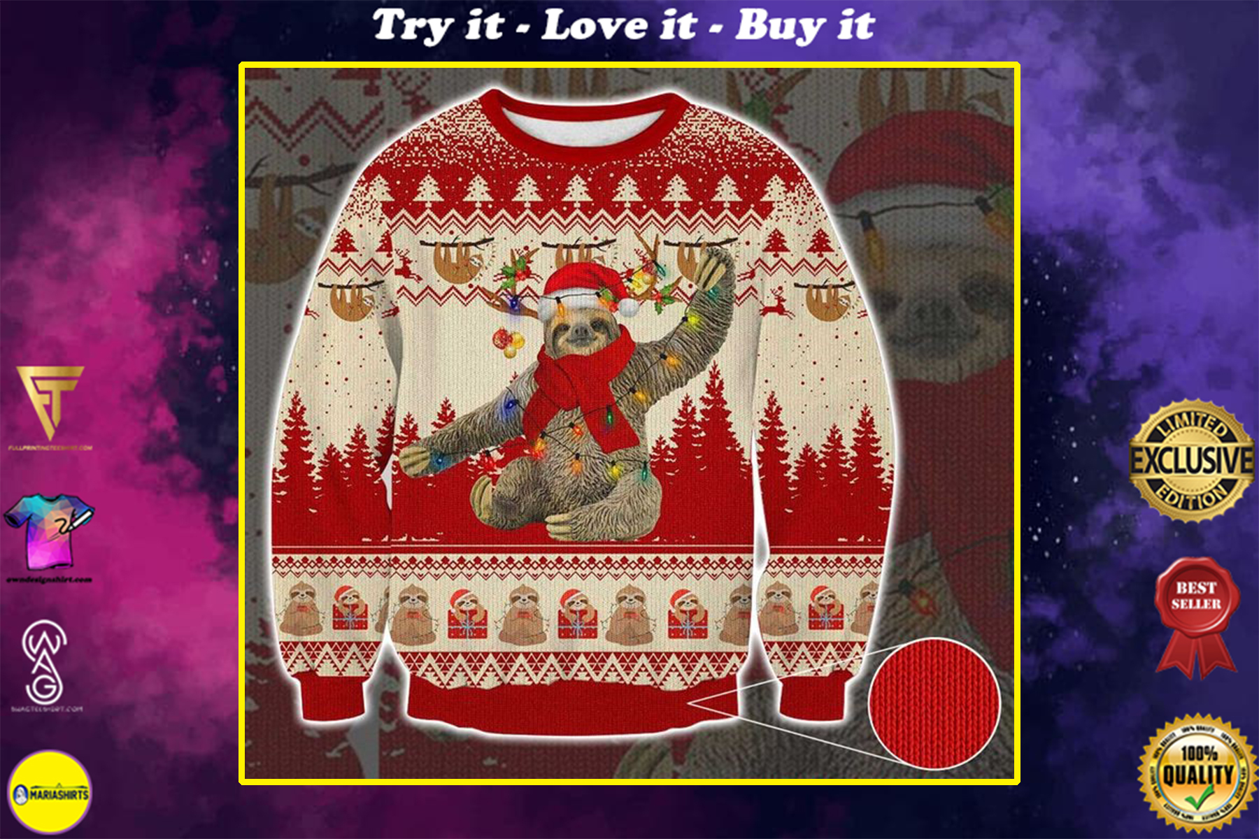 sloth with christmas light pattern full printing ugly sweater