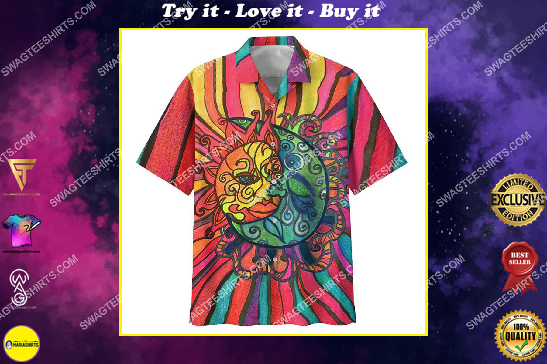[highest selling] hippie sun and moon retro all over print hawaiian shirt – maria