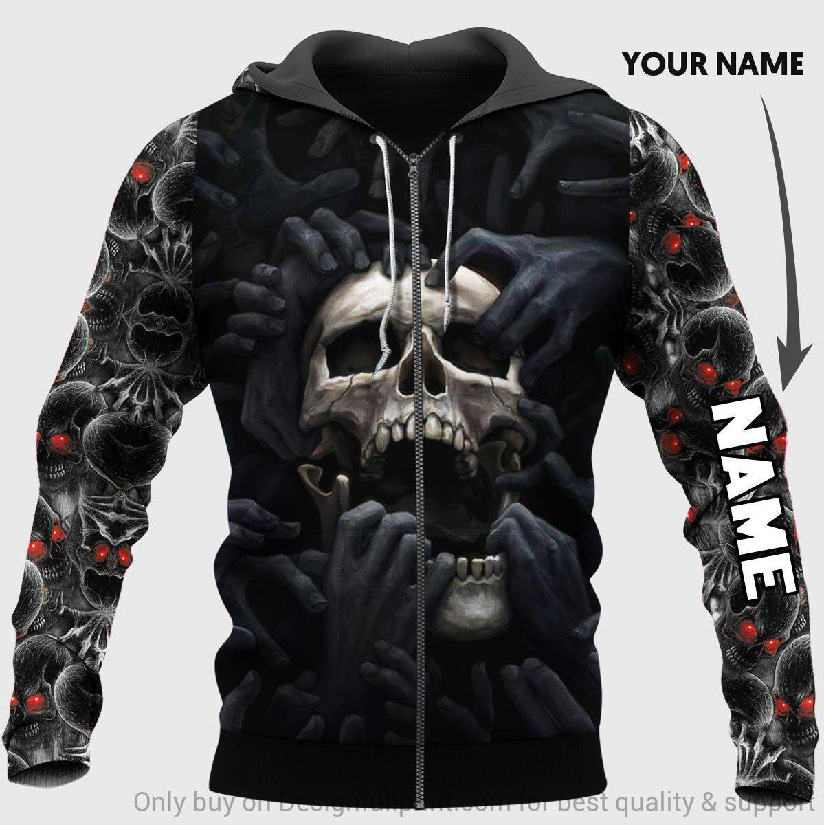 custom name skull red eyes screaming full over printed zip hoodie