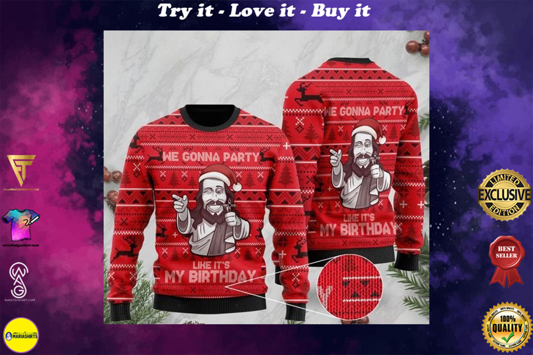 [highest selling] christmas we gonna party like it's my birthday Jesus full printing ugly sweater - maria