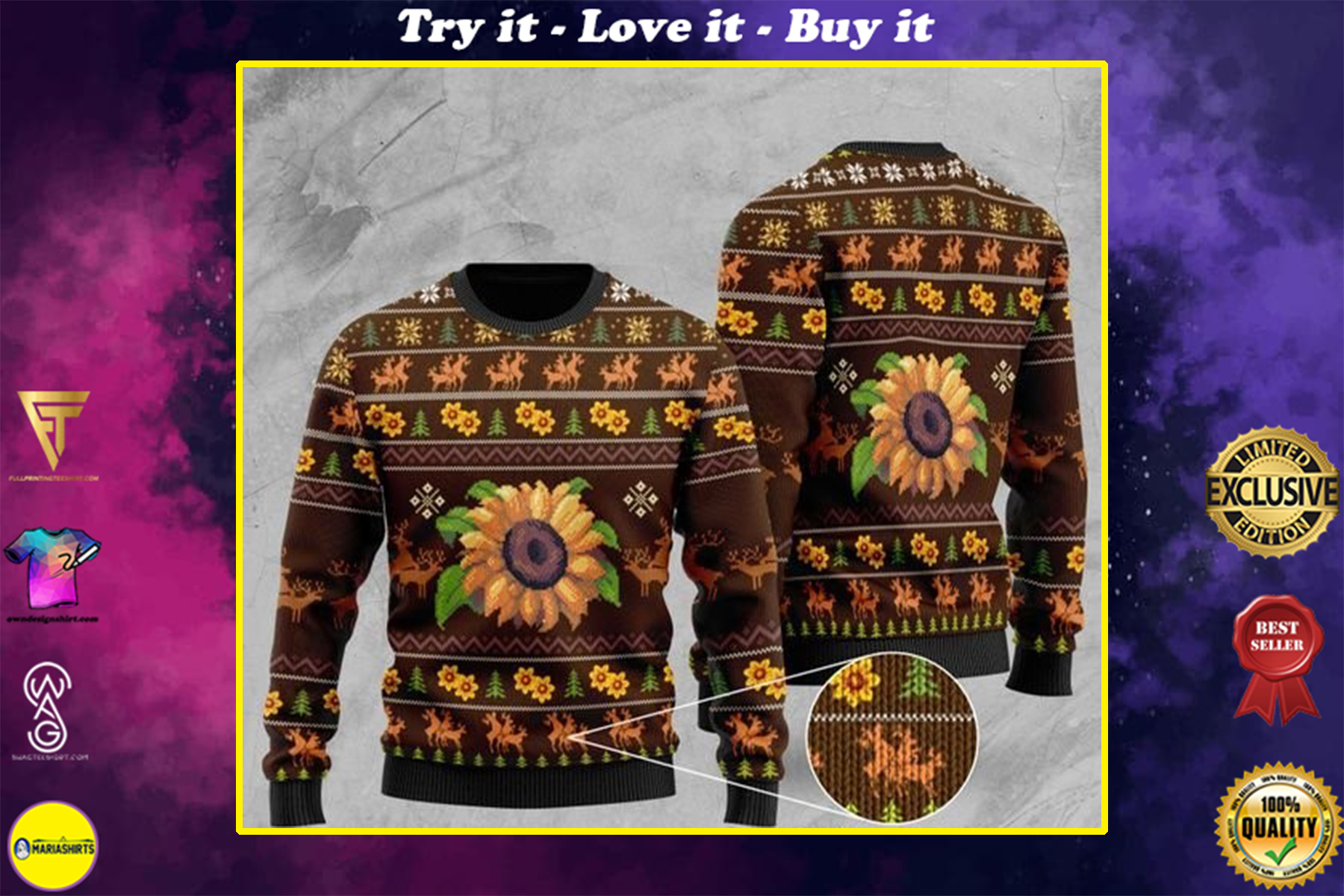 sunflower and deer pattern full printing christmas ugly sweater