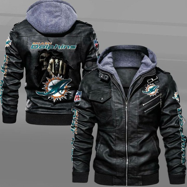 Miami Dolphins Leather Jacket Dead Skull In Back