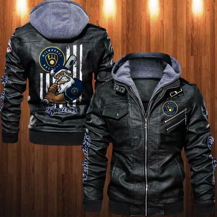 Milwaukee Brewers Leather Jacket Angry Santa Claus