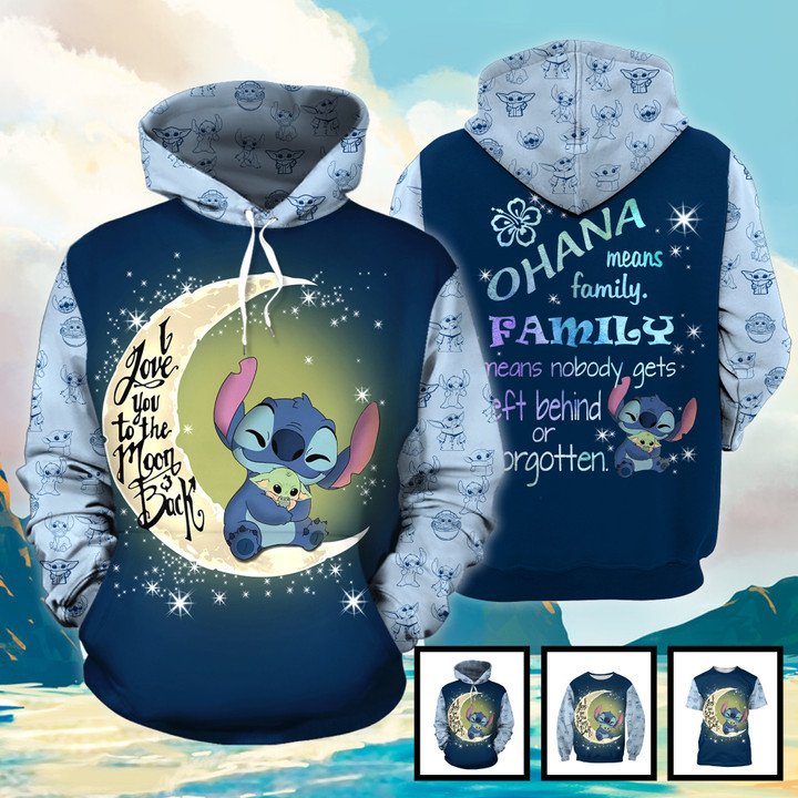 Stitch hug Baby Yoda I love you to the moon back 3d shirt, hoodie