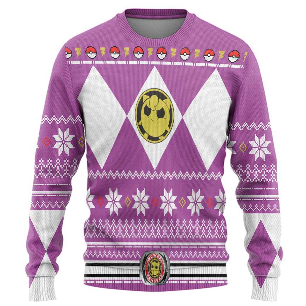 Mighty Morphin Pink Power Ranger Pokemon Jigglypuff Christmas Sweater