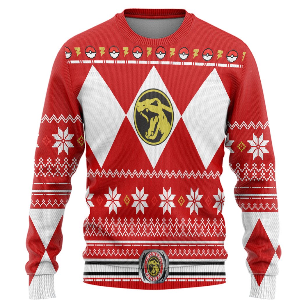 Mighty Morphin Red Power Ranger Pokemon Charizard Christmas Sweater