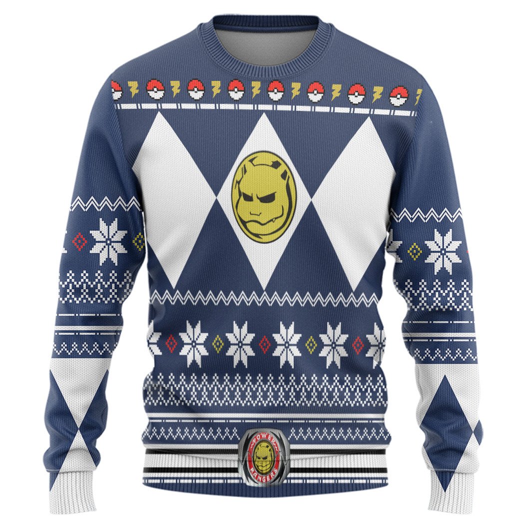 Mighty Morphin Blue Power Ranger Pokemon Blastoise Christmas Sweater