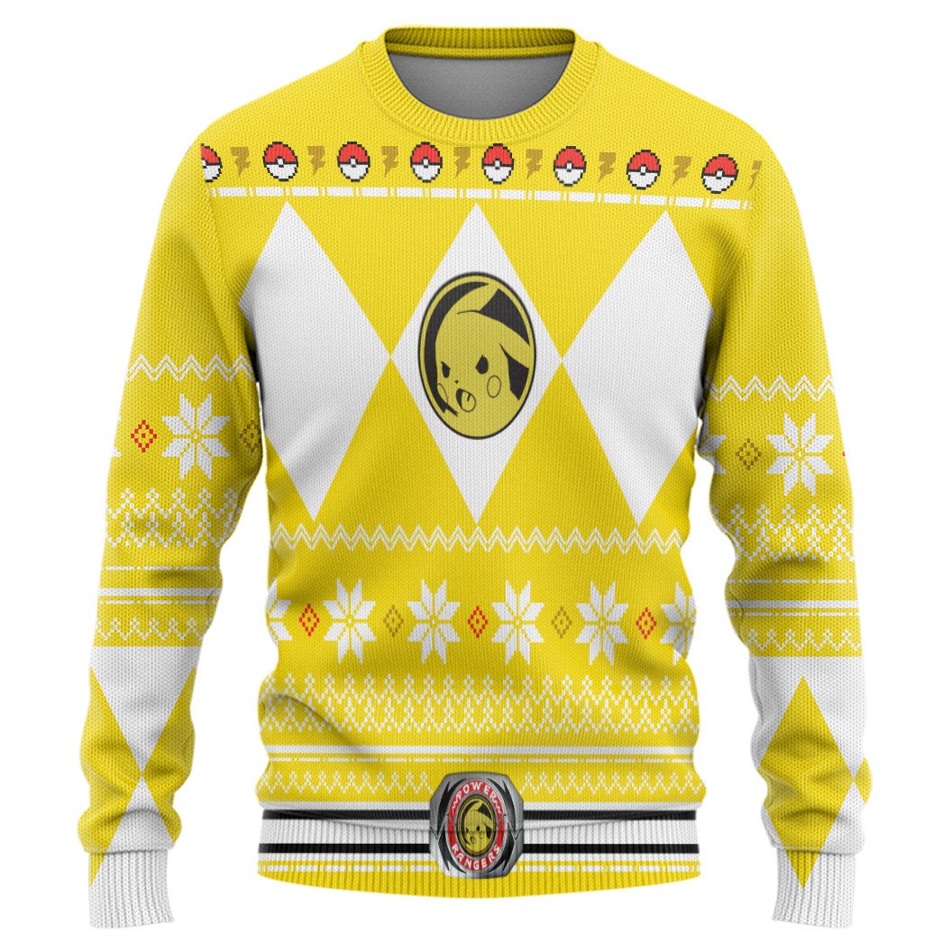 Mighty Morphin Yellow Power Ranger Pokemon Pikachu Christmas Sweater