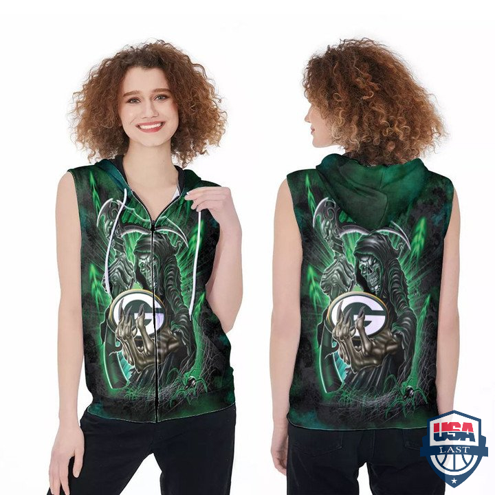 Green Bay Packers God Of Death Holds Logo Sleeveless Zip Hoodie