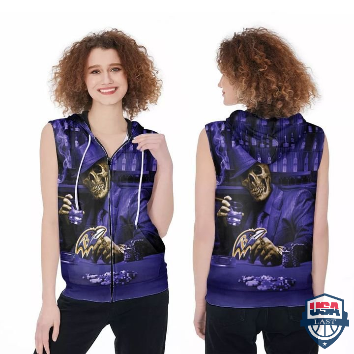 NFL Batimore Ravens Logo Skull 3D Sleeveless Zip Hoodie