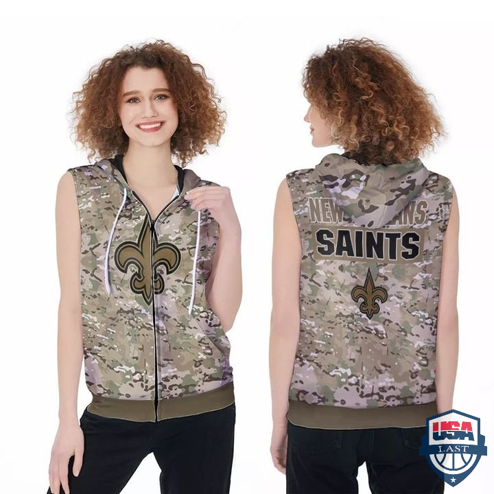 NFL New Orleans Saints Camouflage 3D Sleeveless Zip Hoodie