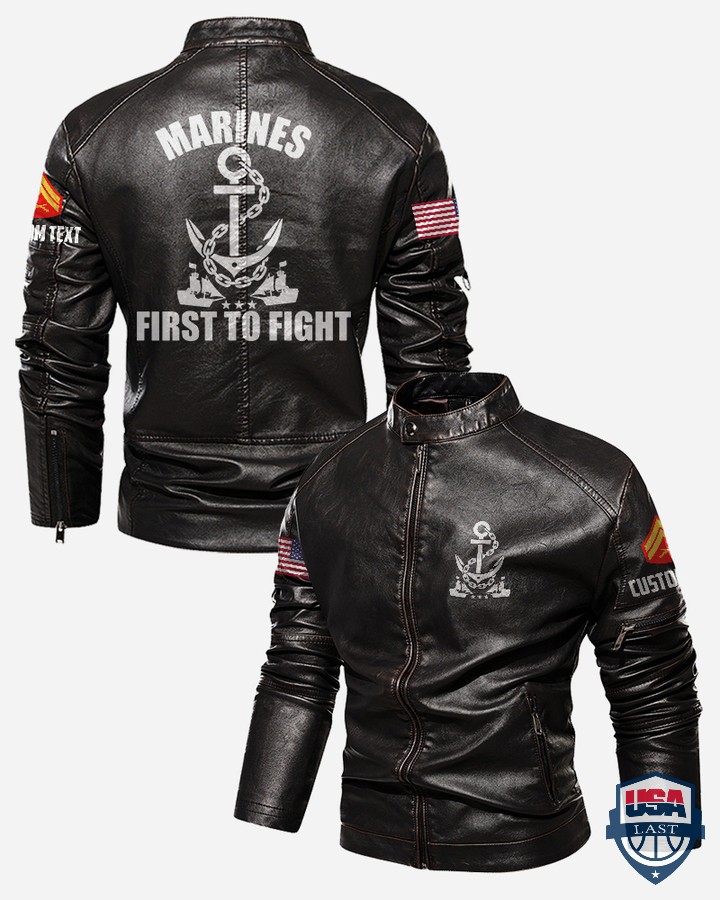 Personalized Marines First To Fight Stand Collar Leather Jacket