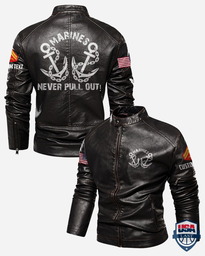 Personalized Marines Never Pull Out Stand Collar Leather Jacket