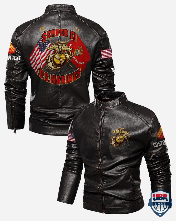 Personalized Semper Fi USMC Stand Collar Leather Jacket