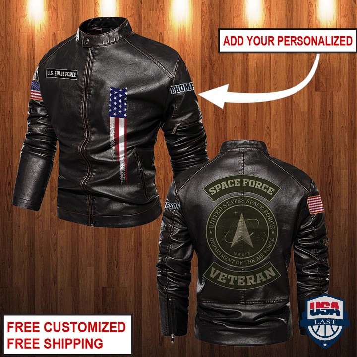 Personalized US Space Force Veteran Stand Collar Leather Jacket