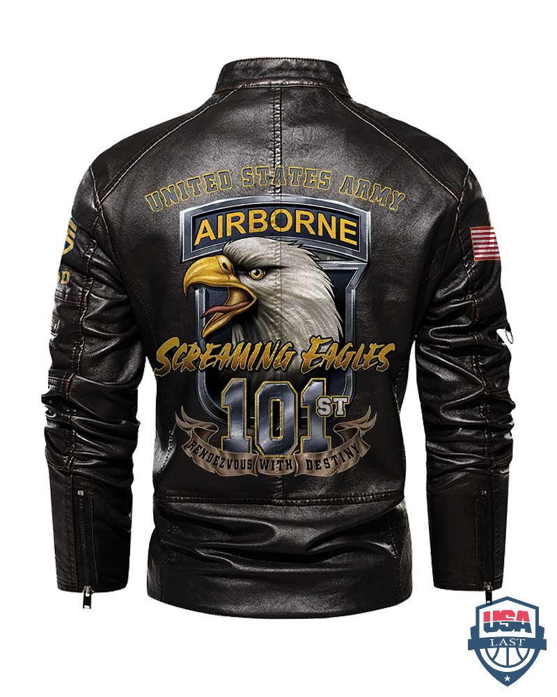 US Army 101st Airborne Division Screaming Eagle Personalized Collar Leather Jacket