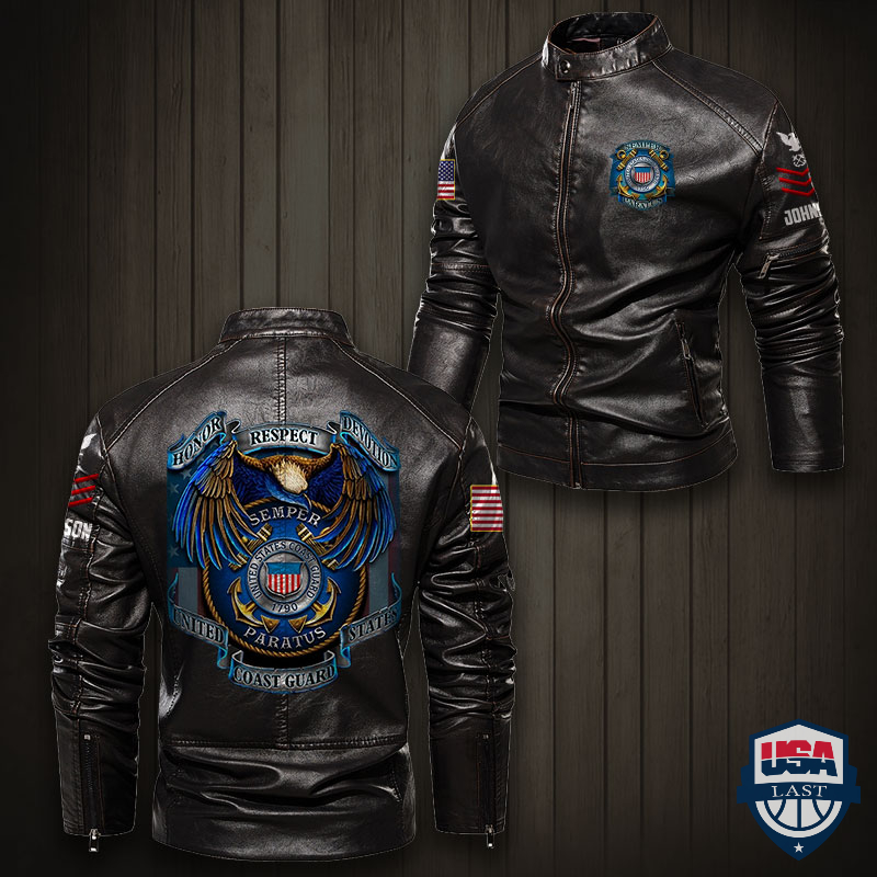 US Coast Guard Honor Respect Devotion Custom Collar Leather Jacket