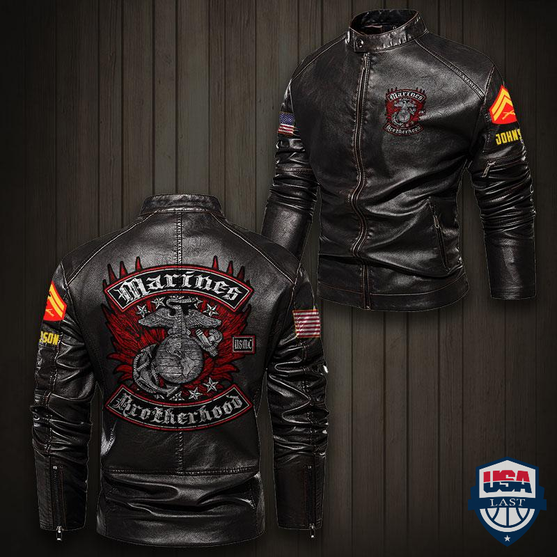 US Marines Corps Brotherhood Distressed Rocker Foil Stamp Motor Leather Jacket