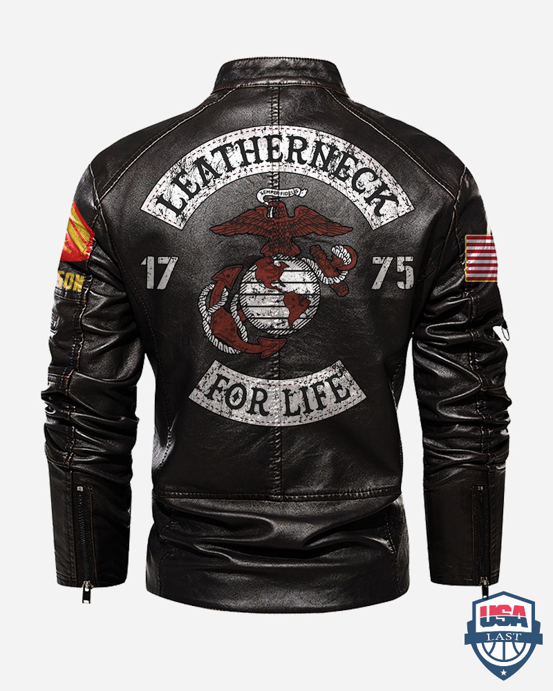 US Marines Corps Leatherneck For Life Personalized Collar Leather Jacket