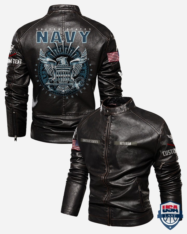 US Navy Anytime Anywhere Custom Stand Collar Leather Jacket