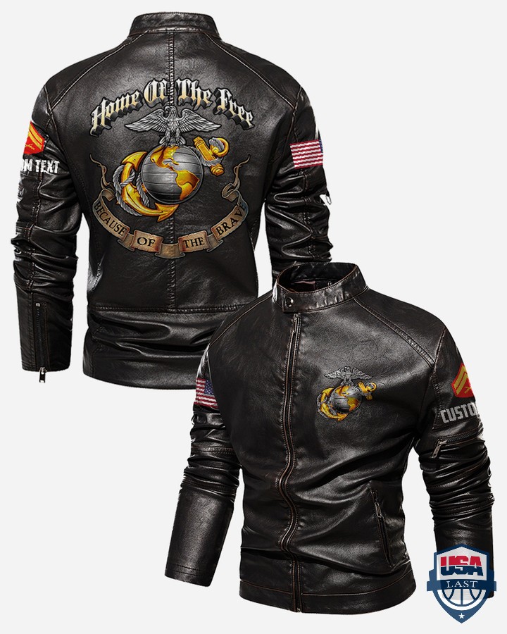 USMC Home Of The Free Beacuse Of The Brave Custom Collar Leather Jacket