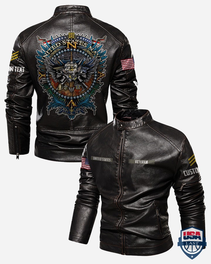 USN Veteran Personalized Stand Collar Leather Jacket